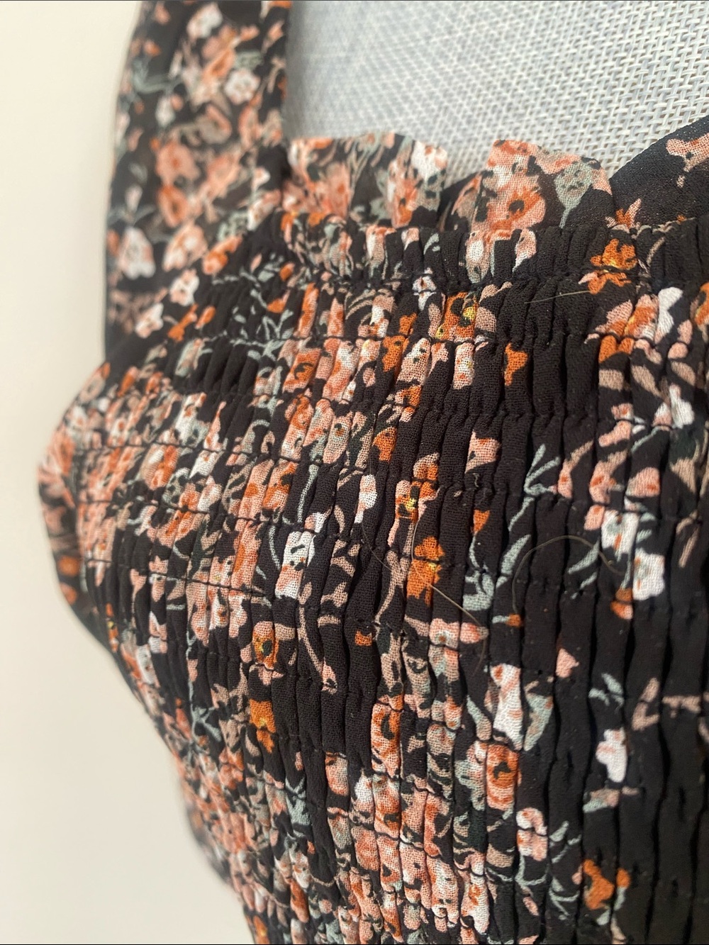 Mikarose Black Babydoll Maxi Dress Peach Floral Print Sz M Smocking Sheer Sleeve - Picture 6 of 13